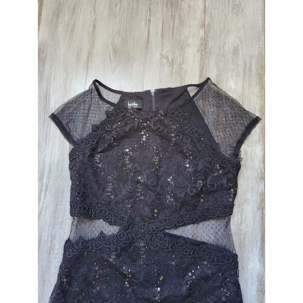 By & By Black Sequin Lace Mini Dress Sheer Mesh Cutout Bodycon Sz 13 EUC - Picture 2 of 12